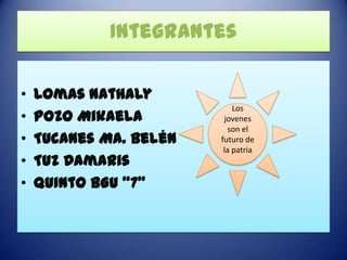 Integrantes

•   Lomas Nathaly
                            Los
•   Pozo Mikaela         jovenes
                          son el
•   Tucanes Ma. Belén   futuro de
                         la patria
•   Tuz Damaris
•   Quinto BGU “7”
 