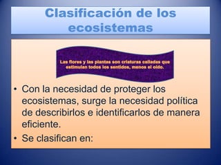 Clasificación de los
          ecosistemas



• Con la necesidad de proteger los
  ecosistemas, surge la necesidad política
  de describirlos e identificarlos de manera
  eficiente.
• Se clasifican en:
 