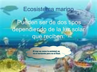 Ecosistema marino

 Pueden ser de dos tipos
 .

dependiendo de la luz solar
      que reciben:

        El mar es como la amistad; se
        ve el horizonte pero no el final.
 