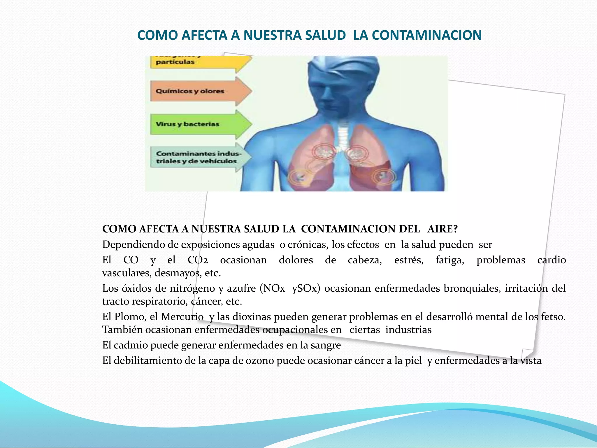 COMO AFECTA A NUESTRA SALUD LA CONTAMINACION




COMO AFECTA A NUESTRA SALUD LA CONTAMINACION DEL AIRE?
Dependiendo de exposiciones agudas o crónicas, los efectos en la salud pueden ser
El CO y el CO2 ocasionan dolores de cabeza, estrés, fatiga, problemas cardio
vasculares, desmayos, etc.
Los óxidos de nitrógeno y azufre (NOx ySOx) ocasionan enfermedades bronquiales, irritación del
tracto respiratorio, cáncer, etc.
El Plomo, el Mercurio y las dioxinas pueden generar problemas en el desarrolló mental de los fetso.
También ocasionan enfermedades ocupacionales en ciertas industrias
El cadmio puede generar enfermedades en la sangre
El debilitamiento de la capa de ozono puede ocasionar cáncer a la piel y enfermedades a la vista
 