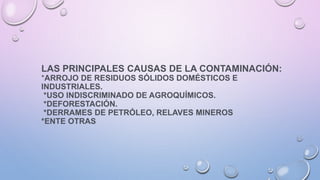LAS PRINCIPALES CAUSAS DE LA CONTAMINACIÓN:
*ARROJO DE RESIDUOS SÓLIDOS DOMÉSTICOS E
INDUSTRIALES.
*USO INDISCRIMINADO DE AGROQUÍMICOS.
*DEFORESTACIÓN.
*DERRAMES DE PETRÓLEO, RELAVES MINEROS
*ENTE OTRAS
 