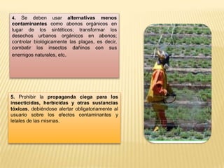 4. Se deben usar alternativas menos
contaminantes como abonos orgánicos en
lugar de los sintéticos; transformar los
desechos urbanos orgánicos en abonos;
controlar biológicamente las plagas, es decir,
combatir los insectos dañinos con sus
enemigos naturales, etc.
5. Prohibir la propaganda ciega para los
insecticidas, herbicidas y otras sustancias
tóxicas, debiéndose alertar obligatoriamente al
usuario sobre los efectos contaminantes y
letales de las mismas.
 
