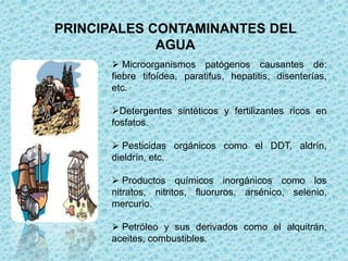 PRINCIPALES CONTAMINANTES DEL
             AGUA
       Microorganismos patógenos causantes de:
      fiebre tifoídea, par...