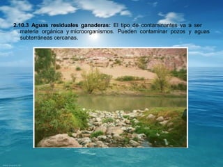 2.10.3 Aguas residuales ganaderas: El tipo de contaminantes va a ser 
materia orgánica y microorganismos. Pueden contaminar pozos y aguas 
subterráneas cercanas. 
 
