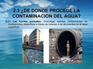 2.3 ¿DE DONDE PROCEDE LA 
CONTAMINACION DEL AGUA? 
2.3.1 Las fuentes puntuales: Descargan agentes contaminantes en 
localizaciones específicas a través de tuberías o de alcantarillas en el agua 
superficial. 
 