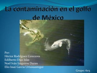 La contaminación en el golfo de México Por: Héctor Rodríguez Cereceres Edilberto Díaz Islas Noel Iván Izaguirre Duran Elio Issai García Urtusuastegui Grupo: 603 