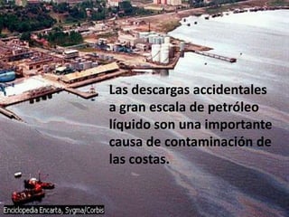 Las descargas accidentales
a gran escala de petróleo
líquido son una importante
causa de contaminación de
las costas.
 