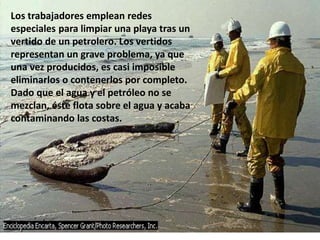 Los trabajadores emplean redes
especiales para limpiar una playa tras un
vertido de un petrolero. Los vertidos
representan un grave problema, ya que
una vez producidos, es casi imposible
eliminarlos o contenerlos por completo.
Dado que el agua y el petróleo no se
mezclan, éste flota sobre el agua y acaba
contaminando las costas.
 