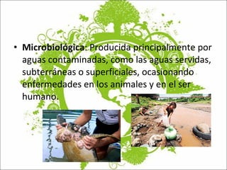 Microbiológica : Producida principalmente por aguas contaminadas, como las aguas servidas, subterráneas o superficiales, ocasionando enfermedades en los animales y en el ser humano.  
