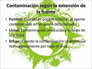 Contaminación según la extensión de la fuente Puntual : Cuando es posible localizar al agente contaminante en un punto determinado.  Lineal : Contaminación producida a lo largo de una línea. Difusa:  Cuando la contaminación se distribuye homogéneamente por todo el área. 