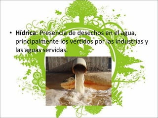 Hídrica : Presencia de desechos en el agua, principalmente los vertidos por las industrias y las aguas servidas. 