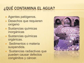 ¿QUÉ CONTAMINA EL AGUA?
Agentes patógenos.
Desechos que requieren
oxígeno
Sustancias químicas
inorgánicas
Sustancias químicas
orgánicas.
Sedimentos o materia
suspendida.
Sustancias radiactivas que
pueden causar defectos
congénitos y cáncer.