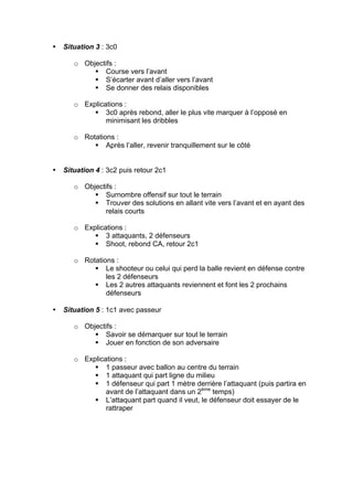 • Situation 3 : 3c0 
o Objectifs : 
§ Course vers l’avant 
§ S’écarter avant d’aller vers l’avant 
§ Se donner des relais disponibles 
o Explications : 
§ 3c0 après rebond, aller le plus vite marquer à l’opposé en 
minimisant les dribbles 
o Rotations : 
§ Après l’aller, revenir tranquillement sur le côté 
• Situation 4 : 3c2 puis retour 2c1 
o Objectifs : 
§ Surnombre offensif sur tout le terrain 
§ Trouver des solutions en allant vite vers l’avant et en ayant des 
relais courts 
o Explications : 
§ 3 attaquants, 2 défenseurs 
§ Shoot, rebond CA, retour 2c1 
o Rotations : 
§ Le shooteur ou celui qui perd la balle revient en défense contre 
les 2 défenseurs 
§ Les 2 autres attaquants reviennent et font les 2 prochains 
défenseurs 
• Situation 5 : 1c1 avec passeur 
o Objectifs : 
§ Savoir se démarquer sur tout le terrain 
§ Jouer en fonction de son adversaire 
o Explications : 
§ 1 passeur avec ballon au centre du terrain 
§ 1 attaquant qui part ligne du milieu 
§ 1 défenseur qui part 1 mètre derrière l’attaquant (puis partira en 
avant de l’attaquant dans un 2ème temps) 
§ L’attaquant part quand il veut, le défenseur doit essayer de le 
rattraper 
 