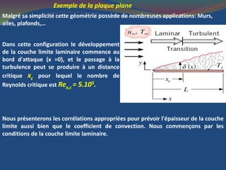 Exemple de la plaque plane
Malgré sa simplicité cette géométrie possède de nombreuses applications: Murs,
ailes, plafonds,…
Dans cette configuration le développement
de la couche limite laminaire commence au
bord d'attaque (x =0), et le passage à la
turbulence peut se produire à un distance
critique xc pour lequel le nombre de
Reynolds critique est Rex,c = 5.105.
Nous présenterons les corrélations appropriées pour prévoir l'épaisseur de la couche
limite aussi bien que le coefficient de convection. Nous commençons par les
conditions de la couche limite laminaire.
 