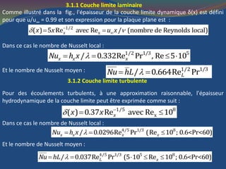 3.1.1 Couche limite laminaire
Comme illustré dans la fig., l'épaisseur de la couche limite dynamique δ(x) est défini
pour que u/u∞ = 0.99 et son expression pour la plaque plane est :
 
 1/2
x( ) 5 Re avec Re / (nombre de Reynolds local)xx x u x
Dans ce cas le nombre de Nusselt local :
   1/2 1/3 5
/ 0.332Re Pr , Re 5 10x x xNu h x
Et le nombre de Nusselt moyen : 1/2 1/3
/ 0.664Re PrLNu hL  
3.1.2 Couche limite turbulente
Pour des écoulements turbulents, à une approximation raisonnable, l'épaisseur
hydrodynamique de la couche limite peut être exprimée comme suit :
1/5 8
x( ) 0.37 Re avec Re 10xx x 
 
Dans ce cas le nombre de Nusselt local :
  4/5 1/3 8
/ 0.0296Re Pr (Re 10 ; 0.6<Pr<60)x x x xNu h x
Et le nombre de Nusselt moyen :
    4/5 1/3 5 8
/ 0.037Re Pr (5 10 Re 10 ; 0.6<Pr<60)L xNu hL
 