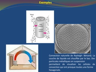 Convection naturelle de Rayleigh- Bénard). La
couche de liquide est chauffée par le bas. Des
particules métalliques en suspension
permettent de visualiser les cellules de
convection qui ont presque toutes une forme
hexagonale.
Exemples
 