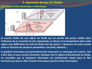 2. Expression du flux de chaleur
2.1 Couche limite dynamique et thermique
La couche limite est une région du fluide qui est proche des parois solides dont
l'influence de la viscosité est très importante, la vitesse et la température dans cette
région sont différentes de celle du fluide loin des parois. L'épaisseur de cette couche
varie en fonction de plusieurs paramètres: viscosité, distance,…
Le gradient thermique est particulièrement important au voisinage de la paroi, c’est
à dire dans la sous-couche laminaire. Quelque soit le régime d’écoulement du fluide,
on considère que la résistance thermique est entièrement située dans le film
laminaire qui joue le rôle d’isolant thermique (couche limite thermique).
 