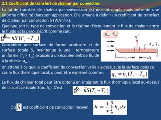 2.2 Coefficient de transfert de chaleur par convection
La loi de transfert de chaleur par convection est une loi simple mais présente une
énorme difficulté dans son application. Elle amène à définir un cœfficient de transfert
de chaleur par convection h (W/m2.K).
Quelque soit le type de convection et le régime d'écoulement le flux de chaleur entre
le fluide et la paroi s'écrit comme suit:
( ) &
sQ hS T T
Considérer une surface de forme arbitraire et de
surface totale S, maintenue à une température
uniforme (Ts > T∞) exposés à un écoulement de fluide
à la vitesse u∞ .
on attend à ce que le coefficient de convection varie au-dessus de la surface dans ce
cas le flux thermique local, q peut être exprimé comme : ( )x x sq h T T 
Le flux de chaleur total peut être obtenu en intégrant le flux thermique local au-dessus
de la surface totale S(ou As). C'est :
( )sQ hS T T &
Où est coefficient de convection moyen:h
0
0
1
xh h dx
x
 
 