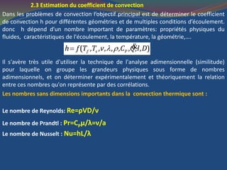 2.3 Estimation du coefficient de convection
Dans les problèmes de convection l’objectif principal est de déterminer le coefficient
de convection h pour différentes géométries et de multiples conditions d’écoulement.
donc h dépend d'un nombre important de paramètres: propriétés physiques du
fluides, caractéristiques de l'écoulement, la température, la géométrie,….
( , , , , , , , , )f s Ph f T T v C Q l D  &
Il s'avère très utile d'utiliser la technique de l'analyse adimensionnelle (similitude)
pour laquelle on groupe les grandeurs physiques sous forme de nombres
adimensionnels, et on déterminer expérimentalement et théoriquement la relation
entre ces nombres qu'on représente par des corrélations.
Les nombres sans dimensions importants dans la convection thermique sont :
Le nombre de Reynolds: Re=ρVD/ν
Le nombre de Prandtl : Pr=CPμ/λ=ν/a
Le nombre de Nusselt : Nu=hL/λ
 