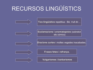 RECURSOS LINGÜÍSTICS Tics lingüístics  repetitius : Bé, Vull dir… Exclamacions i onomatopeies  (sobretot els còmics) Oracions curtes  i moltes vegades inacabades. Frases fetes i refranys. Vulgarismes i barbarismes 