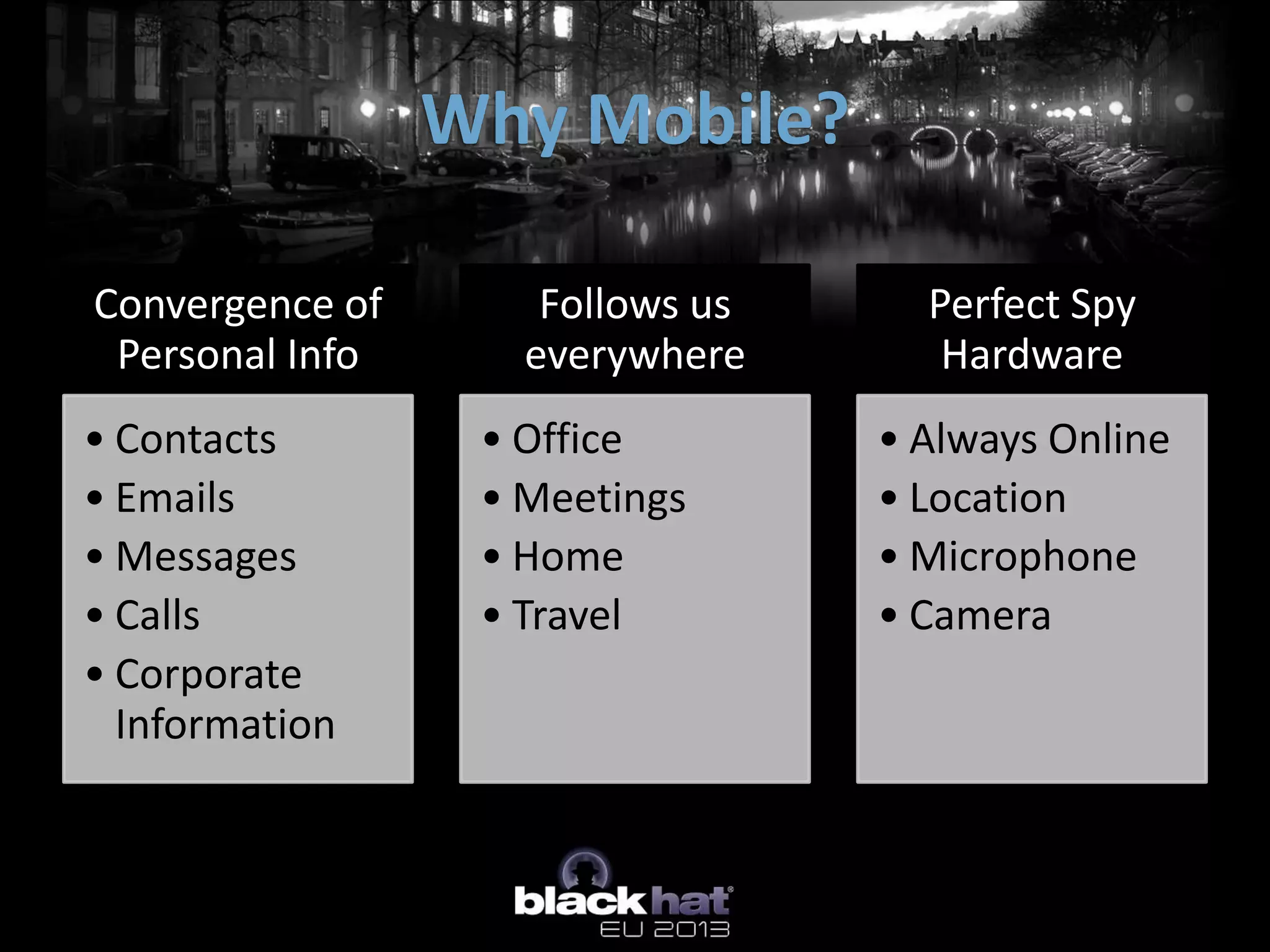 Convergence of
Personal Info
• Contacts
• Emails
• Messages
• Calls
• Corporate
Information
Follows us
everywhere
• Office
• Meetings
• Home
• Travel
Perfect Spy
Hardware
• Always Online
• Location
• Microphone
• Camera
Why Mobile?
 