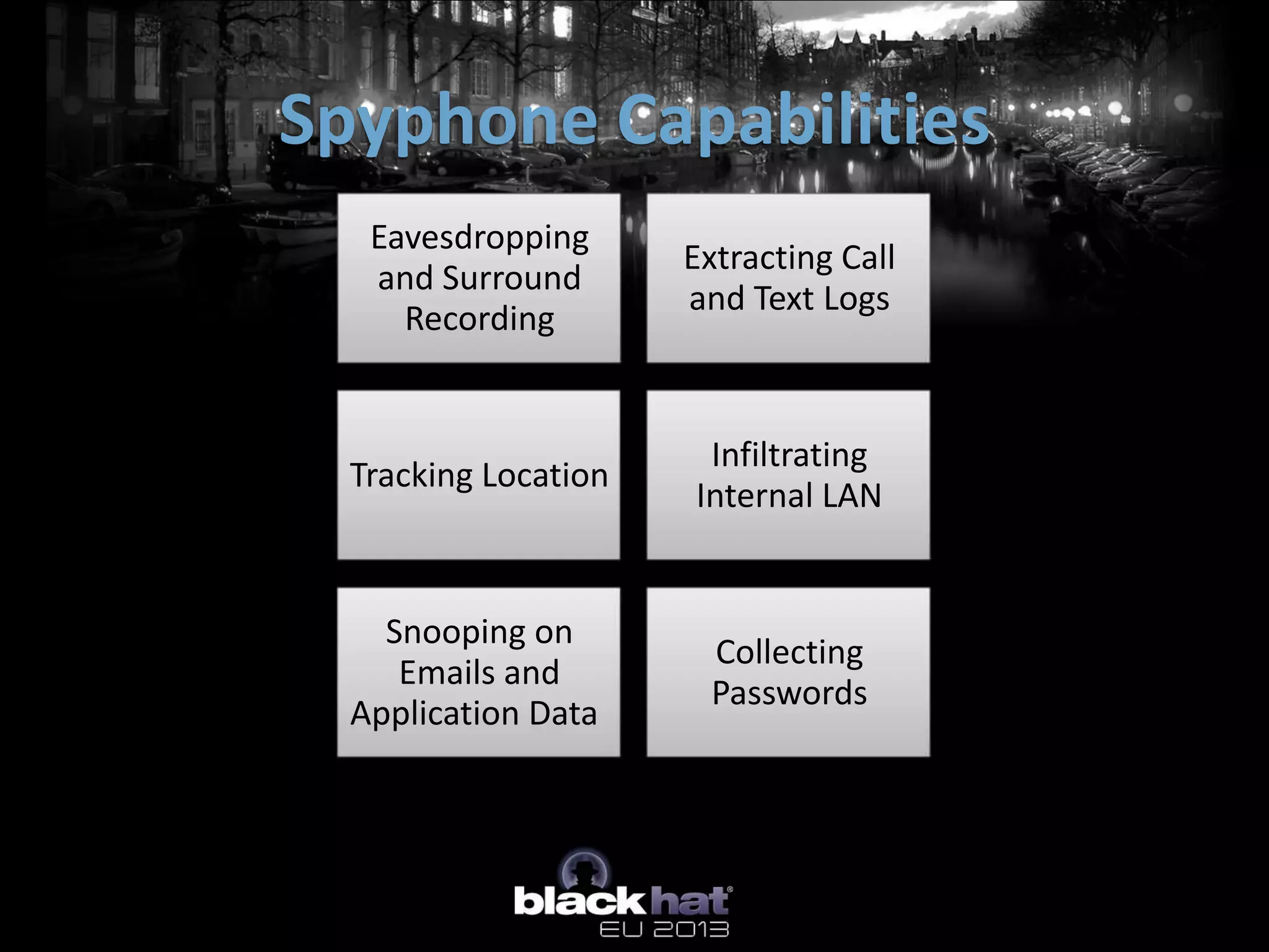 Spyphone Capabilities
Eavesdropping
and Surround
Recording
Extracting Call
and Text Logs
Tracking Location
Infiltrating
Internal LAN
Snooping on
Emails and
Application Data
Collecting
Passwords
 