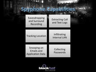 Spyphone Capabilities
Eavesdropping
and Surround
Recording
Extracting Call
and Text Logs
Tracking Location
Infiltrating
Internal LAN
Snooping on
Emails and
Application Data
Collecting
Passwords
 