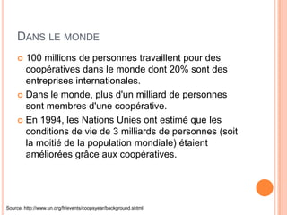DANS LE MONDE
     100 millions de personnes travaillent pour des
      coopératives dans le monde dont 20% sont des
      entreprises internationales.
     Dans le monde, plus d'un milliard de personnes
      sont membres d'une coopérative.
     En 1994, les Nations Unies ont estimé que les
      conditions de vie de 3 milliards de personnes (soit
      la moitié de la population mondiale) étaient
      améliorées grâce aux coopératives.




Source: http://www.un.org/fr/events/coopsyear/background.shtml
 