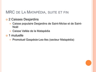 MRC DE LA MATAPÉDIA, SUITE ET FIN
   2 Caisses Desjardins
     Caisse populaire Desjardins de Saint-Moïse et de Saint-
      Noël
     Caisse Vallée de la Matapédia

   1 mutuelle
       Promotuel Gaspésie-Les-Iles (secteur Matapédia)
 