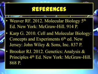 References
• Weaver RF. 2012. Molecular Biology 5th
Ed. New York: McGraw-Hill. 914 P.
• Karp G. 2010. Cell and Molecular Biology:
Concepts and Experiments 6th ed. New
Jersey: John Wiley & Sons, Inc. 837 P.
• Brooker RJ. 2012. Genetics: Analysis &
Principles 4th Ed. New York: McGraw-Hill.
868 P.
 