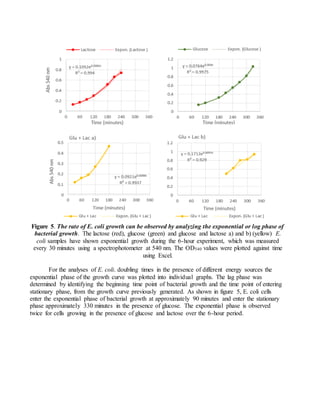 Figure 5. The rate of E. coli growth can be observed by analyzing the exponential or log phase of
bacterial growth. The lactose (red), glucose (green) and glucose and lactose a) and b) (yellow) E.
coli samples have shown exponential growth during the 6-hour experiment, which was measured
every 30 minutes using a spectrophotometer at 540 nm. The OD540 values were plotted against time
using Excel.
For the analyses of E. coli. doubling times in the presence of different energy sources the
exponential phase of the growth curve was plotted into individual graphs. The lag phase was
determined by identifying the beginning time point of bacterial growth and the time point of entering
stationary phase, from the growth curve previously generated. As shown in figure 5, E. coli cells
enter the exponential phase of bacterial growth at approximately 90 minutes and enter the stationary
phase approximately 330 minutes in the presence of glucose. The exponential phase is observed
twice for cells growing in the presence of glucose and lactose over the 6-hour period.
 