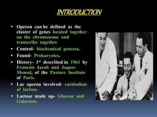 INTRODUCTION
Operon can be defined as the
cluster of genes located together
on the chromosome and
transcribe together.
Control- biochemical process.
Found- Prokaryotes.
History- 1st described in 1961 by
Francois Jacob and Jaques
Monod, of the Pasture Institute
of Paris.
Lac operon involved- catabolism
of lactose.
Lactose made up- Glucose and
Galactose.