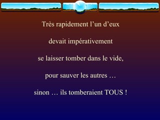 Très rapidement l’un d’eux devait impérativement se laisser tomber dans le vide, pour sauver les autres … sinon … ils tomberaient TOUS ! 