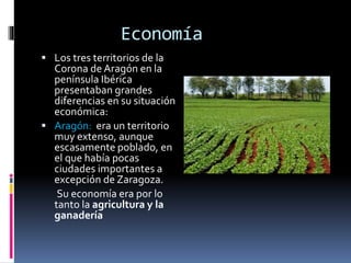 Economía
 Los tres territorios de la
Corona de Aragón en la
península Ibérica
presentaban grandes
diferencias en su situación
económica:
 Aragón: era un territorio
muy extenso, aunque
escasamente poblado, en
el que había pocas
ciudades importantes a
excepción de Zaragoza.
Su economía era por lo
tanto la agricultura y la
ganadería
 