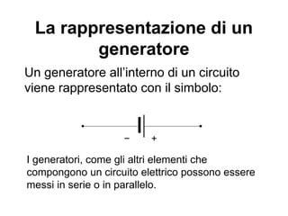Come è fatto un generatore?
È formato da due elettrodi immersi in una soluzione
elettrolitica
Uno dei due elettrodi si carica positivamente (polo
positivo), l’altro negativamente (polo negativo)
Al suo interno le cariche sono forzate a muoversi nel
verso opposto a quello in cui si muoverebbero se
fossero soggette al solo campo elettrico
All’esterno del generatore (pila), se i due poli sono
collegati da un filo conduttore si forma una corrente di
elettroni che si spostano verso il polo positivo
Si può paragonare ad una pompa in un circuito
idraulico
 