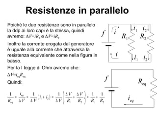 Un esempio
Nel circuito in figura se si parte
da A e si torna in A tenendo
conto di tutte le variazioni di ddp
si ha che:
VA−Ri+f−ri=VA
da cui si ricava la
generalizzazione della legge di
Ohm a circuito chiuso:
ri f
R
i
A B
f
i
R r
=
+
 