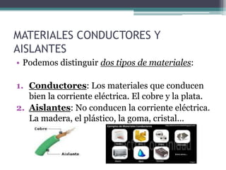 MATERIALES CONDUCTORES Y
AISLANTES
• Podemos distinguir dos tipos de materiales:

1. Conductores: Los materiales que condu...