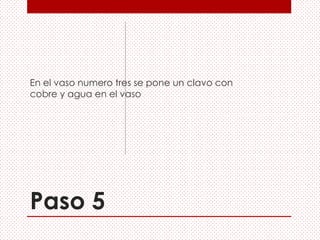 Paso 5
En el vaso numero tres se pone un clavo con
cobre y agua en el vaso
 