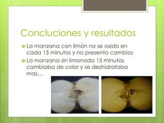 Concluciones y resultados
 La manzana con limón no se oxido en
cada 15 minutos y no presento cambios
 La manzana sin limonada 15 minutos
cambiaba de color y se deshidrataba
mas…
 