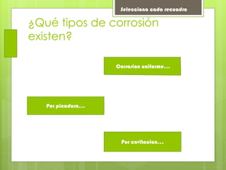 ¿Qué tipos de corrosión
existen?
Corrosion uniforme…
Por picadura…
Por cavitacion…
Selecciona cada recuadro
 