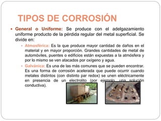 TIPOS DE CORROSIÓN
 General o Uniforme: Se produce con el adelgazamiento
uniforme producto de la pérdida regular del metal superficial. Se
divide en:
 Atmosférica: Es la que produce mayor cantidad de daños en el
material y en mayor proporción. Grandes cantidades de metal de
automóviles, puentes o edificios están expuestas a la atmósfera y
por lo mismo se ven atacados por oxígeno y agua.
 Galvánica: Es una de las más comunes que se pueden encontrar.
Es una forma de corrosión acelerada que puede ocurrir cuando
metales distintos (con distinto par redox) se unen eléctricamente
en presencia de un electrolito (por ejemplo, una solución
conductiva).
 