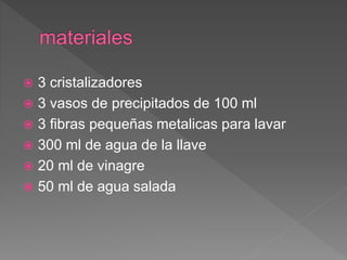  3 cristalizadores
 3 vasos de precipitados de 100 ml
 3 fibras pequeñas metalicas para lavar
 300 ml de agua de la llave
 20 ml de vinagre
 50 ml de agua salada
 