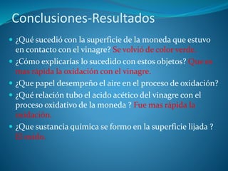 Conclusiones-Resultados
 ¿Qué sucedió con la superficie de la moneda que estuvo
en contacto con el vinagre? Se volvió de color verde.
 ¿Cómo explicarías lo sucedido con estos objetos? Que es
mas rápida la oxidación con el vinagre.
 ¿Que papel desempeño el aire en el proceso de oxidación?
 ¿Qué relación tubo el acido acético del vinagre con el
proceso oxidativo de la moneda ? Fue mas rápida la
oxidación.
 ¿Que sustancia química se formo en la superficie lijada ?
El oxido.
 