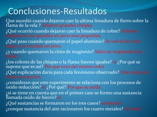Conclusiones-Resultados
Que sucedió cuando dejaron caer la ultima limadura de fierro sobre la
flama de la vela ? Salieron grandes chispas
¿Qué ocurrió cuando dejaron caer la limadura de cobre? Salieron
chispas no tan grandes un poco mas pequeñas.
¿Qué paso cuando quemaron el papel aluminio? Se volvió de color
negro y se encogió un poco.
¿y cuando quemaron la cinta de magnesio? Salió un resplandor(un
flash)
¿los colores de las chispas o la flama fueron iguales? si ¿Por qué se
supone que es así? Por que eran del mismo color
¿Qué explicación daría para cada fenómeno observado? Que cada uno
tiene su reacción.
¿consideran que este experimento se relaciona con los procesos de
oxido reducción? si ¿Por qué? Por que se oxida
¿si se tiene en cuenta que en el primer caso se formo una sustancia
llamada oxido de hierro? si
¿Qué sustancias se formaron en los tres casos? oxidación
¿conque sustancia del aire racionaron los cuatro metales? El oxido
 