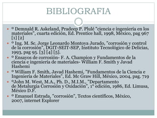 BIBLIOGRAFIA
 º Demnald R. Askeland, Pradeep P. Plulé "ciencia e ingeniería en los
materiales", cuarta edición, Ed. Prentice hall, 1998, México, pag 967
[1] [2]
 º Ing. M. Sc. Jorge Leonardo Montoya Jurado, "corrosión y control
de la corrosión", DGIT-SEIT-SEP, Instituto Tecnológico de Delicias,
1993, pag 95. [3] [4] [5].
 º Ensayos de corrosión- F. A. Champion y Fundamentos de la
ciencia e ingeniería de materiales- William F. Smith y Javad
Hashemi
 º William F. Smith, Javad Hashemi, "Fundamentos de la Ciencia e
Ingeniería de Materiales", Ed. Mc Graw Hill, México, 2004, pag. 719
 ºJohn M. West, M.A., Ph. D., M.I.M., "Departamento
de Metalurgia Corrosión y Oxidación", 1° edición, 1986, Ed. Limusa,
México D.F.
 º Emanuel Estrada, "corrosión", Textos científicos, México,
2007, internet Explorer
 