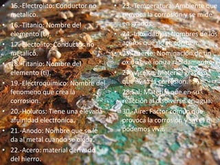 • 15.-Electrolito: Conductor no
metalico.
• 16.-Titanio: Nombre del
elemento (ti).
• 17.-Electolito: Conductos no
metalico.
• 18.-Titanio: Nombre del
elemento (ti).
• 19.-Electroquimico: Nombre del
fenomeno que crea la
corrosion.
• 20.-Holuros: Tiene una elevada
afuinidad electronica.
• 21.-Anodo: Nombre que se le
da al metal cuando se oxida.
• 22.-Acero: material derivado
del hierro.
• 23.-Temperatura: Ambiente que
provoca la corrosión y se mide
en grados.
• 24.-Inoxidables: Nombres de los
aceros que no se corroen.
• 25.-Fuerte: Nominación de un
oxido que ioniza rápidamente.
• 27.- Aceite: Material grasoso
que evita la corrosión.
• 28.Sal: Material que en su
reacción al disolverse en agua.
• 30.-Aire: Factor común que
provoca la corrosión y sin el n
podemos vivir.
 