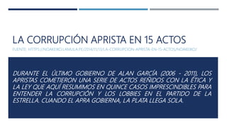 LA CORRUPCIÓN APRISTA EN 15 ACTOS
FUENTE: HTTPS://NOAKEIKO.LAMULA.PE/2014/11/13/LA-CORRUPCION-APRISTA-EN-15-ACTOS/NOAKEIKO/
DURANTE EL ÚLTIMO GOBIERNO DE ALAN GARCÍA (2006 - 2011), LOS
APRISTAS COMETIERON UNA SERIE DE ACTOS REÑIDOS CON LA ÉTICA Y
LA LEY QUE AQUÍ RESUMIMOS EN QUINCE CASOS IMPRESCINDIBLES PARA
ENTENDER LA CORRUPCIÓN Y LOS LOBBIES EN EL PARTIDO DE LA
ESTRELLA. CUANDO EL APRA GOBIERNA, LA PLATA LLEGA SOLA.
 