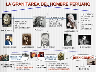 LA GRAN TAREA DEL HOMBRE PERUANOLA GRAN TAREA DEL HOMBRE PERUANO
SÓCRATES
MAYEUTICA:
“LA VIRTUD
ES EL
CONOCIMIENTO”
PLATÓN
“LA REPÚBLICA”
LA NATURALEZA
SOCIAL DEL
HOMBRE Y LA
CIUDAD IDEAL
ARISTÓTELES
“LA POLÍTICA”
EL HOMBRE ES
ANIMAL
POLÍTICO
LA
DEMOCRACIA
LAS
CONSTITUC.
MARIÁTEGUI HAYA DE LA TORRE F. BELAUNDE J. BASADREMIGUEL GRAU
BIENESTAR
GENERAL
SEGURIDAD
INTEGRAL+ = BIEN COMÚNBIEN COMÚN
DESARROLLO
NACIONAL
-ECONOMÍA SÓLIDA
-DEMOCRACIA
-INSTITUCIONALIDADINSTITUCIONALIDAD
-JUSTICIA SOCIAL
DEFENSA
NACIONAL
-SEGURIDAD CIUDADANA
-MODERNIZACIÓN DE PNP
Y FUERZAS ARMADAS
-POLÍTICA ANTICORRUPCIÓNPOLÍTICA ANTICORRUPCIÓN
DIGNIDAD DEL
HOMBRE
 