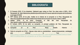 1. El Comercio (2016, 23 de diciembre). Odebrecht pago coimas en Perú: Sus obras entre el 2005 y 2014.
Recuperado de: https://diariocorreo.pe/edicion/puno/se-suman-20-nuevos-casos-de-corrupcion-de-funcionarios-
en-la-region-814343/
2. RPP Noticias (2018, 29 de julio). Análisis de la historia de la corrupción en el Perú. Recuperado de:
https://rpp.pe/politica/historia/video-analisis-de-la-historia-de-la-corrupcion-en-el-peru-noticia-1139972
3. Gestión (2018, 14 de junio). Corrupción al más alto nivel. Recuperado de:
https://gestion.pe/peru/politica/corrupcion-alto-nivel-235867
4. El Comerio (2018, 22 de abril). La corrupción, el principal problema del Perú. Recuperado de:
https://elcomercio.pe/politica/corrupcion-principal-problema-peru-noticia-513999
5. Corrupción en el Perú: Breve Reseña Historica -
https://www.unifr.ch/ddp1/derechopenal/anuario/an_1995_06.pdf
6. Sobre la corrupción en el Perú – Algunas notas sobre su caracteristicas , causas,consecuencias y estrategias
para enfrentar la Yvan -
http://www2.congreso.gob.pe/sicr/cendocbib/con4_uibd.nsf/98F34F32106A975A05257E060
0627371/$FILE/Sobre_la_corrupción_en_el_Perú._Montoya.pdf
BIBLIOGRAFÍA
 