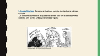 3. Causas Materiales: Se refieren a situaciones concretas que dan lugar a prácticas
corruptas.
Las situaciones concretas de las que se trata en este caso son las distintas brechas
existentes entre el orden jurídico y el orden social vigente.
Recuperado de: http://bit.ly/2AyLt8b
 